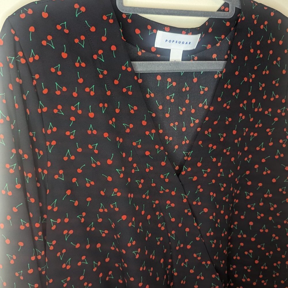 Popsugar black with cherries blouse crossover long sleeve women size Large